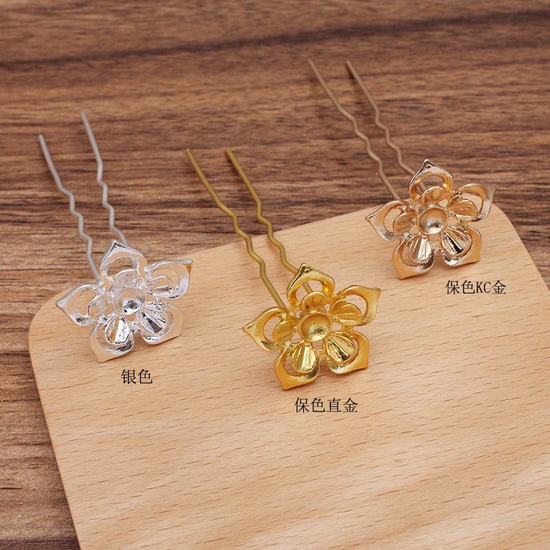 20 Haargabel-Haarnadeln mit Blumen-Charm, 18 kg, 10 mm, runde Perlen, blanko, Edelstein-Perlenfassung