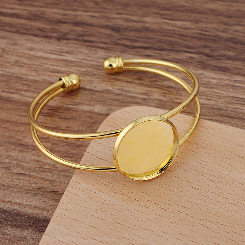 Bracelet à cercle ouvert à deux rangées de 5 bords unis, 18KGP, cabochon rond de 20mm, Base vierge, sertissage de pièces de pierres précieuses
