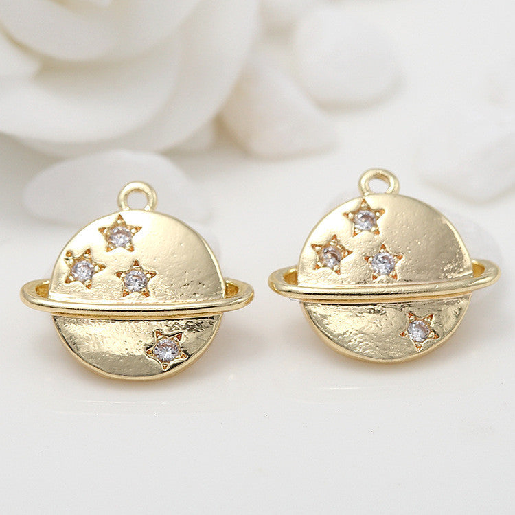 10 Saturn Planet Charm Pendentif Émail Epoxy 14K GF Strass Embelli