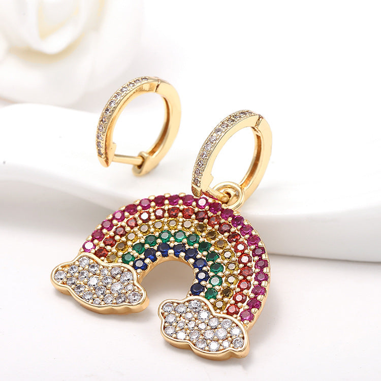 4 boucles d'oreilles créoles unies pendentif à breloque arc-en-ciel orné de strass 14K GF boucle d'oreille