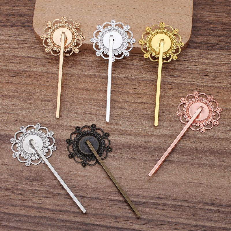 30 filigrane bord Floral lunette tasse vague pince à cheveux épingle à cheveux 18KGP 12mm cabochon rond Base vierge pierre précieuse pièce réglage