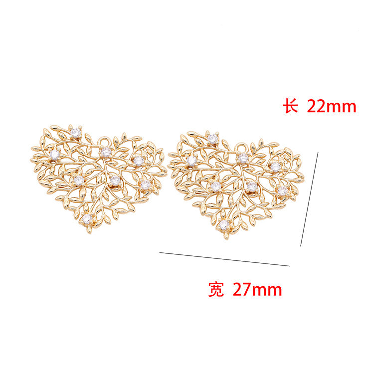 5 branches creuses de feuilles, pendentif à breloque rond en forme d'étoile et de cœur, orné de strass, 14K GF