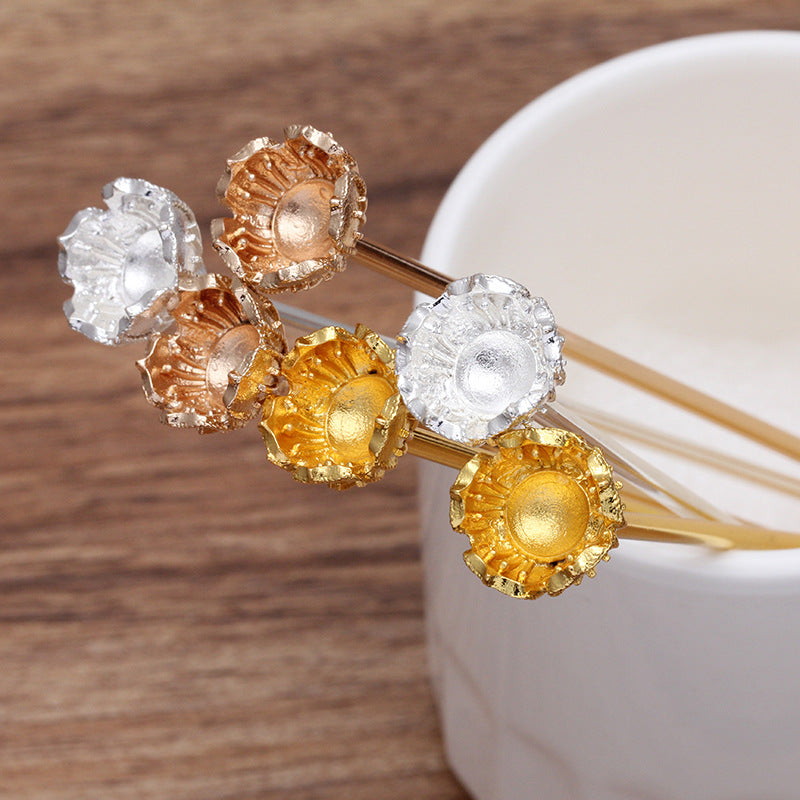 20 florale chinesische Stab-Haarnadeln, 18 kgp, 12 mm, rund, nicht poröse Perlen, blanko Basis, Edelstein-Perlenfassung