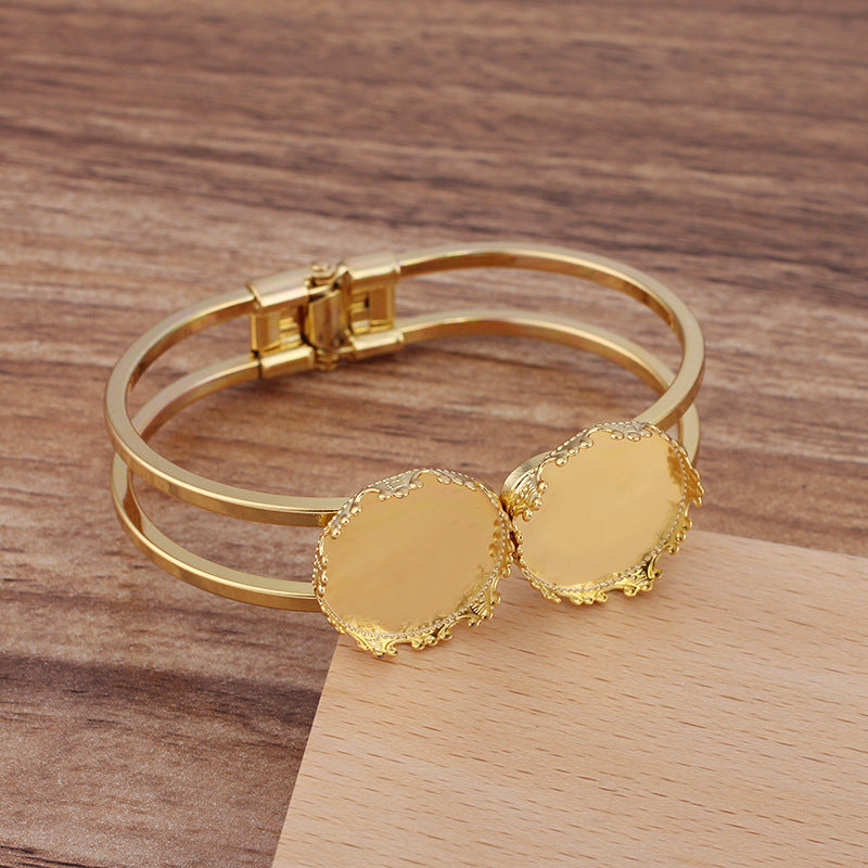 50 Crown Edge Bezel Cup Two Row Openable Circle Bangle 18KGP 20mm Double Round Cabochon Blank Base Gemstone Piece Setting
