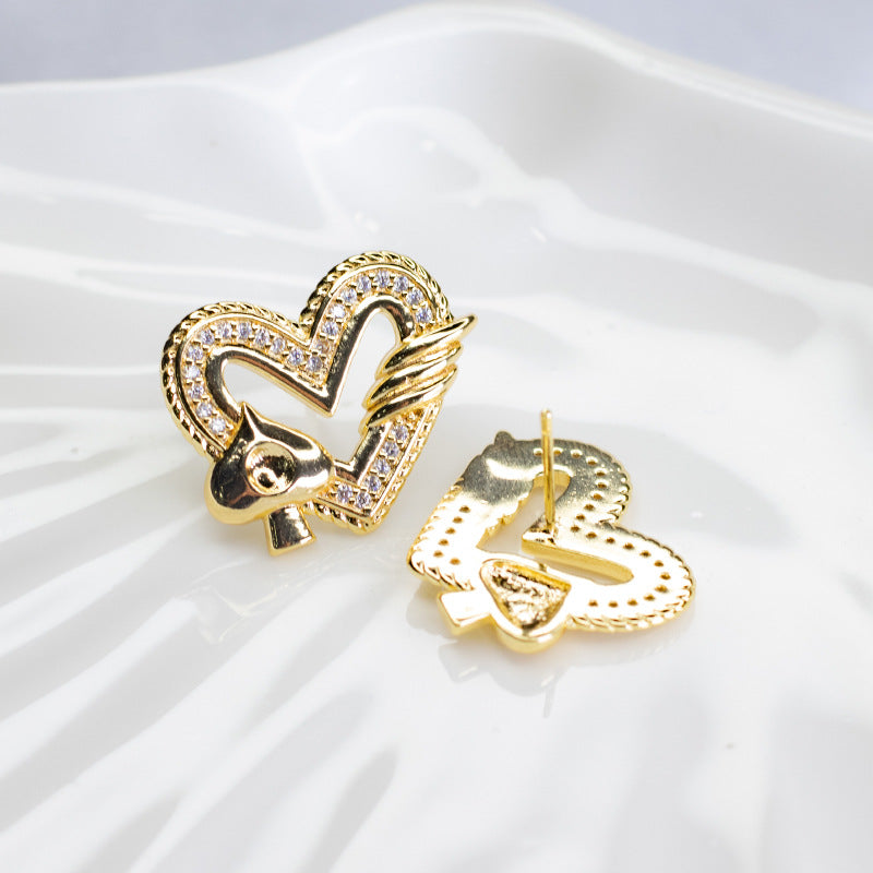 4 Heart Stud Earrings Rhinestone Embellished 14K GF Earing