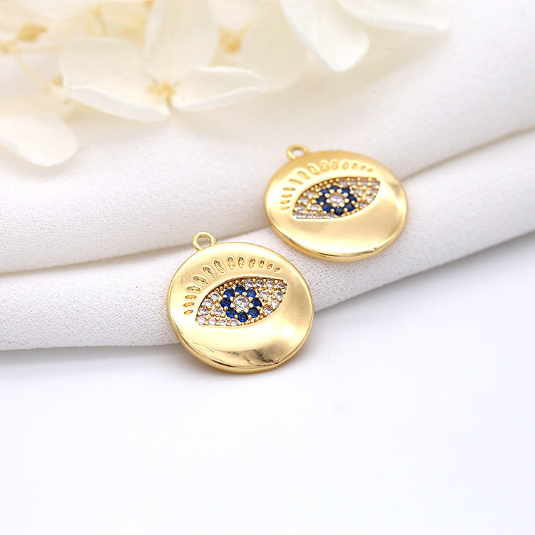 Pendentif à breloque en forme de pièce de monnaie à 2 yeux, connecteur à double boucle, orné de strass, 14K GF