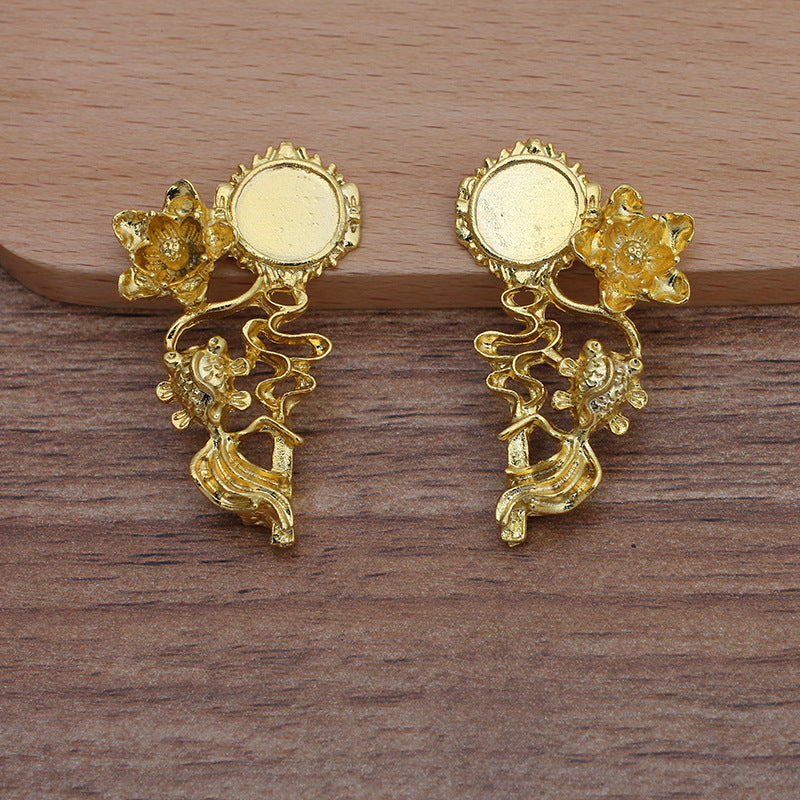 20 Gold Fish Floral Charm Pendant 18KGP 10mm Round Cabochon Blank Base Gemstone Piece Setting