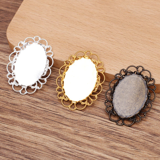 20 filigrane bord festonné lunette tasse charme dos plat paramètres 18KGP 18x25mm ovale Cabochon strass Zircon pierre précieuse Base vierge