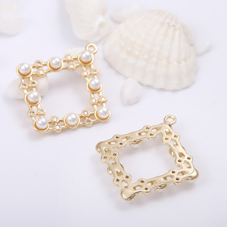 2 Hollow Square Circle Charm Pendant Pearl Rhinestone Embellished 14K GF