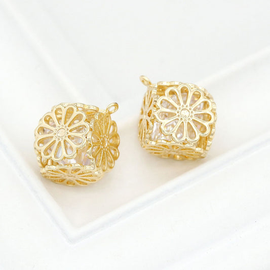 2 pendentif à breloque cube floral creux incrusté de strass 14K GF