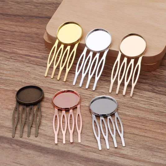 10 Plain Edge Bezel Cup Hair Fork Comb Hairpin 18KGP 20mm Round Cabochon Blank Base Gemstone Piece Setting