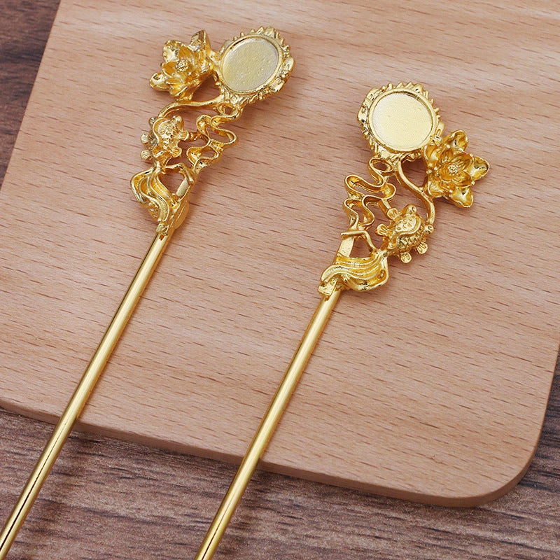 10 Goldfish Floral Chinese Stick Hairpin 18KGP 10mm Round Cabochon Blank Base Gemstone Piece Setting