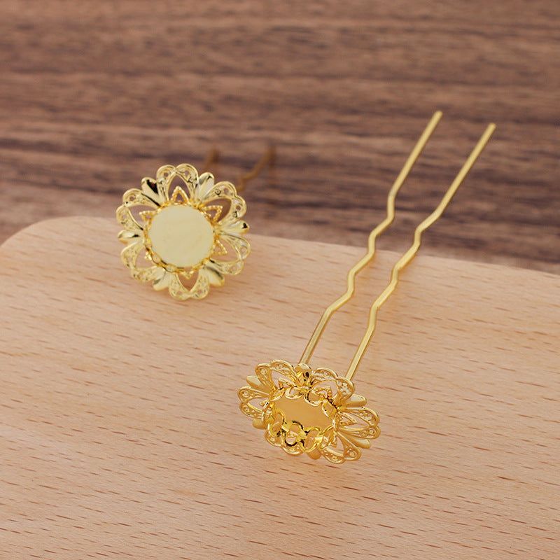 10 Scallop Edge Bezel Cup Filigree Floral Charm Hair Fork Hairpin 18KGP 10mm Round Cabochon Blank Base Gemstone Piece Setting