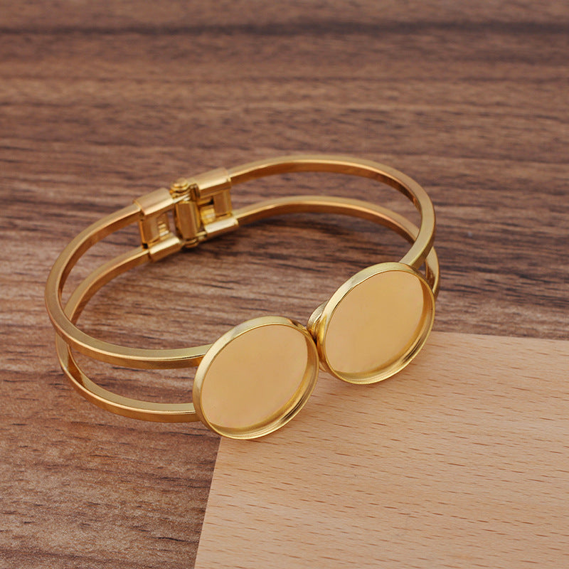 Bracelet circulaire ouvrable à deux rangées de 5 bords unis, 18KGP, Double cabochon rond de 20mm, Base vierge, réglage des pièces de pierres précieuses