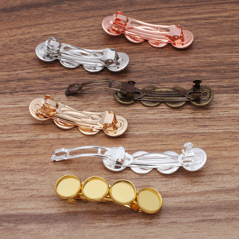 10 quatre bords unis lunette coupe cheveux Snap Clip épingle à cheveux 18KGP 12mm cabochon rond Base vierge réglage de la pièce de pierre précieuse