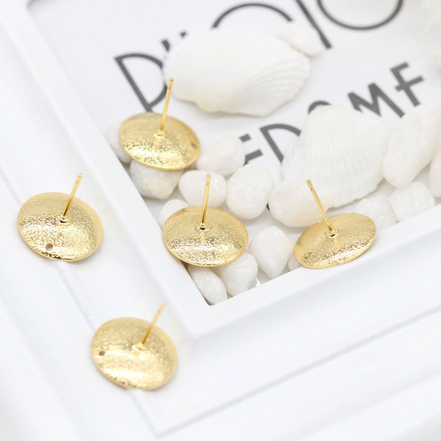 40 boucles d'oreilles rondes brillantes avec trou 14K GF, Base de cabochon vierge