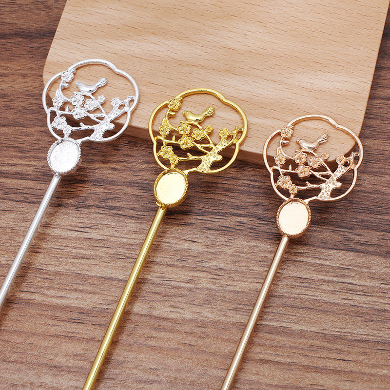 20 Coupe de lunette à bord dentelé Pie sur charme de prune Épingle à cheveux en bâton chinois 18KGP 8x10mm Cabochon ovale Base vierge Réglage de la pièce de pierre précieuse