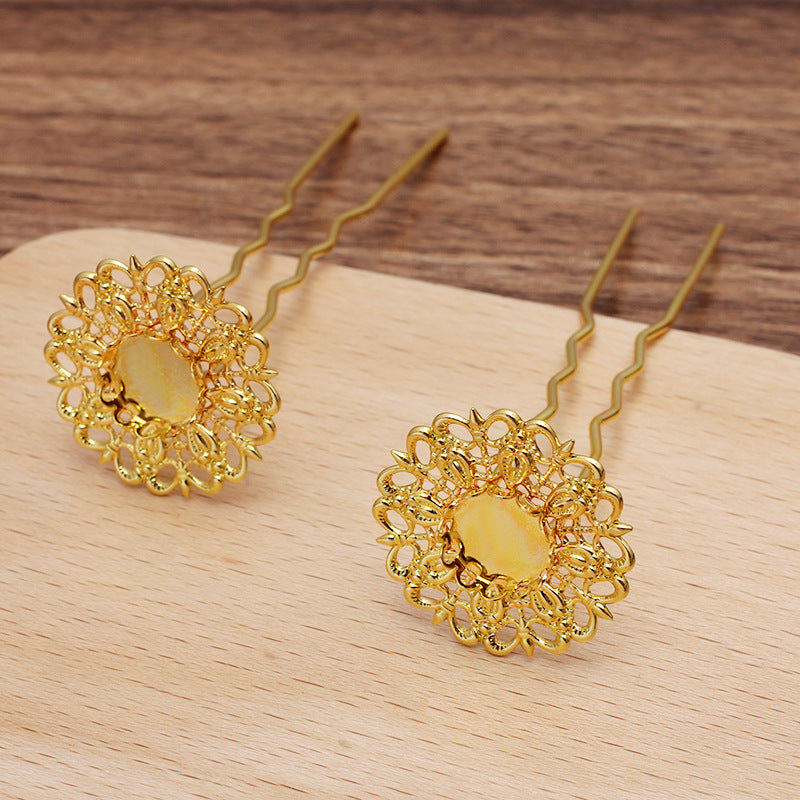 10 Scallop Edge Bezel Cup Filigree Floral Charm Hair Fork Hairpin 18KGP 10mm Round Cabochon Blank Base Gemstone Piece Setting
