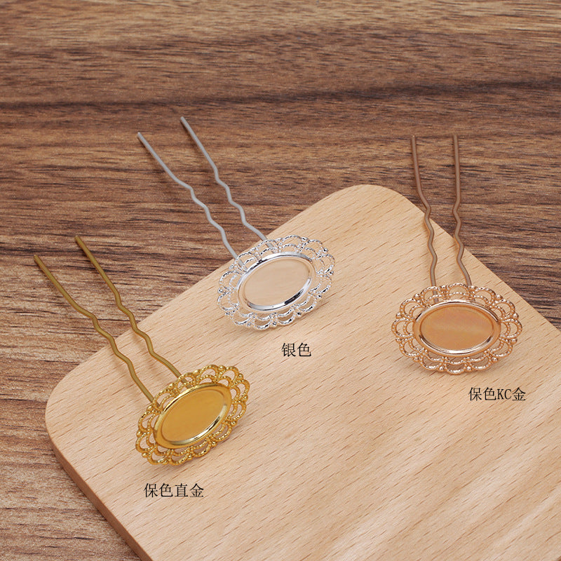 20 Haargabel-Haarnadeln mit floralem Charme, 18 kgp, 13 x 18 mm, ovaler Cabochon, blanke Basis, Edelsteinfassung