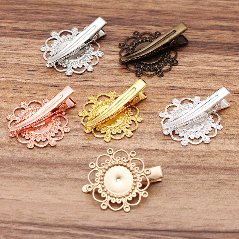 20 Floral Edge Bezel Cup Alligator Hairclip 18KGP 12mm Round Cabochon Blank Base Gemstone Setting