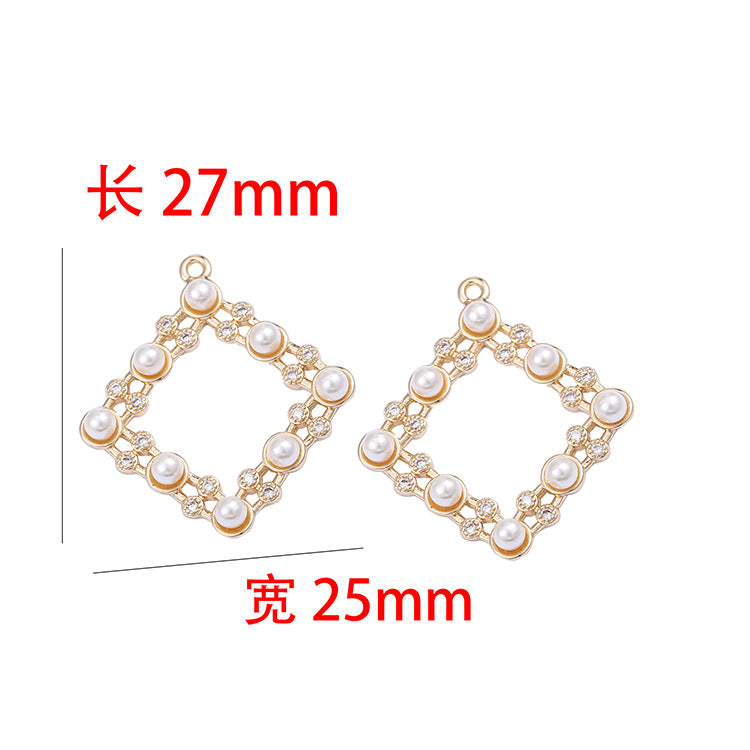 2 Hollow Square Circle Charm Pendant Pearl Rhinestone Embellished 14K GF