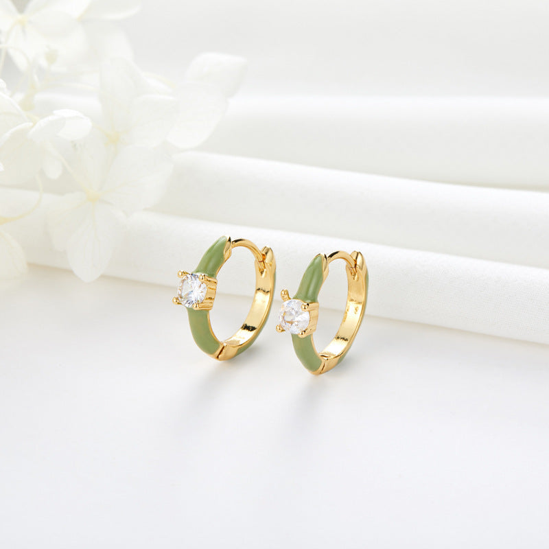 4 One Stone Hoop Earrings Enamel Epoxy Rhinestone Embellished 14K GF Earing