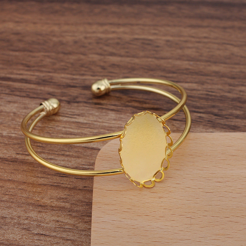 5 bord festonné lunette tasse deux rangées cercle ouvert bracelet 18KGP 18x25mm cabochon ovale Base vierge pierre précieuse pièce réglage