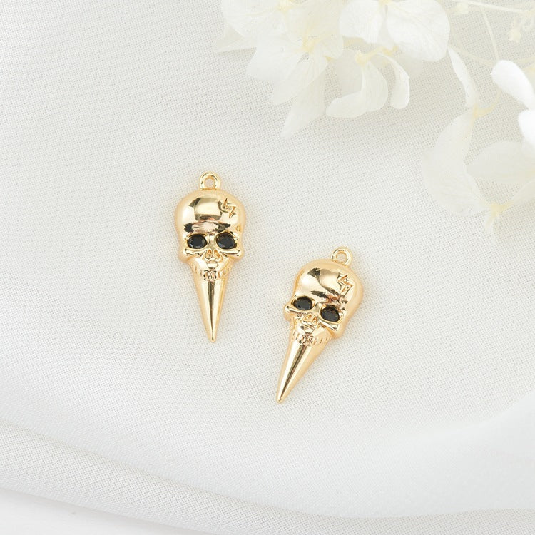 2 Feather Skull Charm Pendant Rhinestone Embellished 14K GF