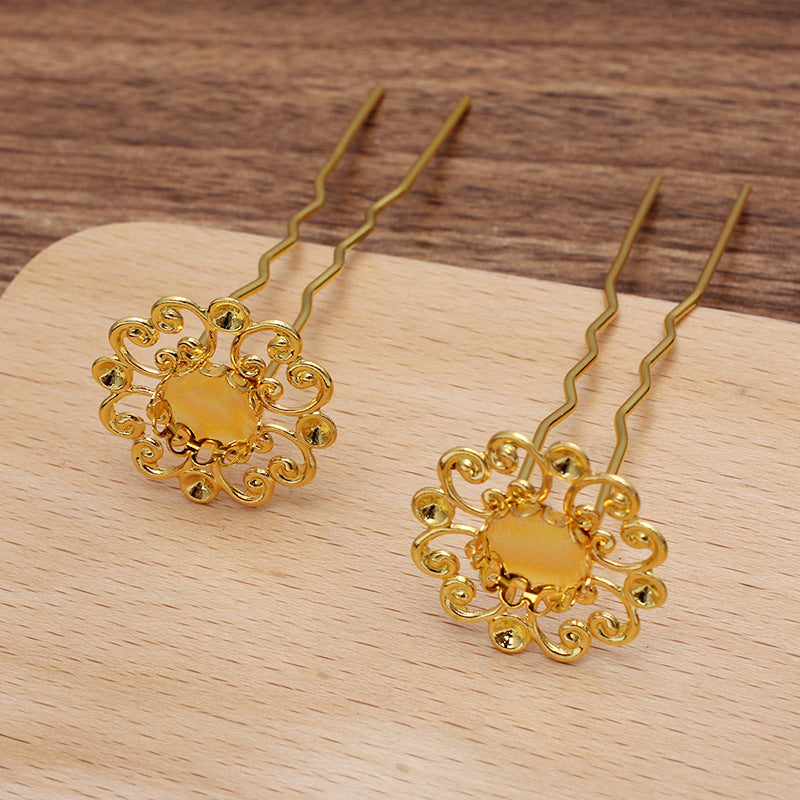 10 Scallop Edge Bezel Cup Filigree Floral Charm Hair Fork Hairpin 18KGP 10mm Round Cabochon Blank Base Gemstone Piece Setting
