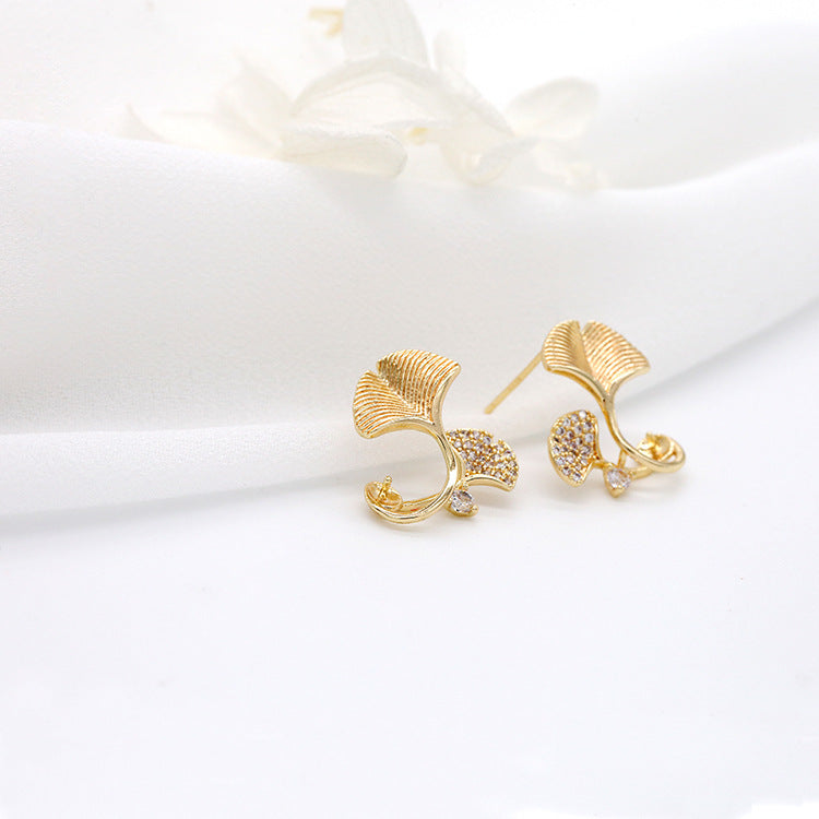 4 Ginkgo-Blatt-Ohrstecker, mit Strasssteinen verziert, 14-Karat-GF-Ohrring, halbgebohrte Perle, Rohling