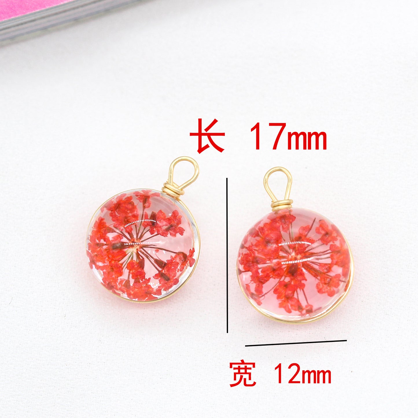2 fils enveloppés de vraie fleur à l'intérieur d'un dôme en verre rond, pendentif à breloque 14K GF