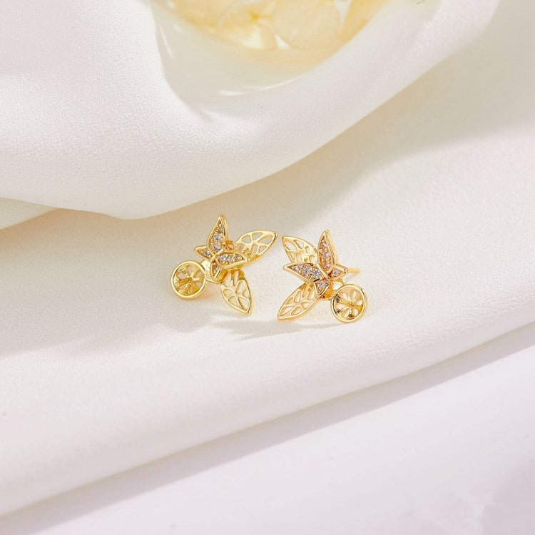4 boucles d'oreilles rondes, carrées, papillon, ornées de strass, 14K GF, boucles d'oreilles à moitié percées, perles vierges