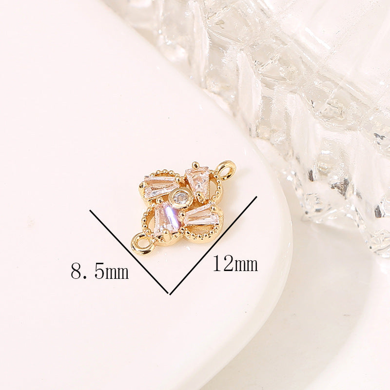 2 Double Looped Floral Snowflake Diamond Olive Charm Connector Rhinestone Embellished 14K GF