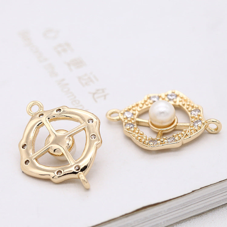 2 connecteurs de charme de cercle de roue creuse à double boucle, strass embellis 14K GF