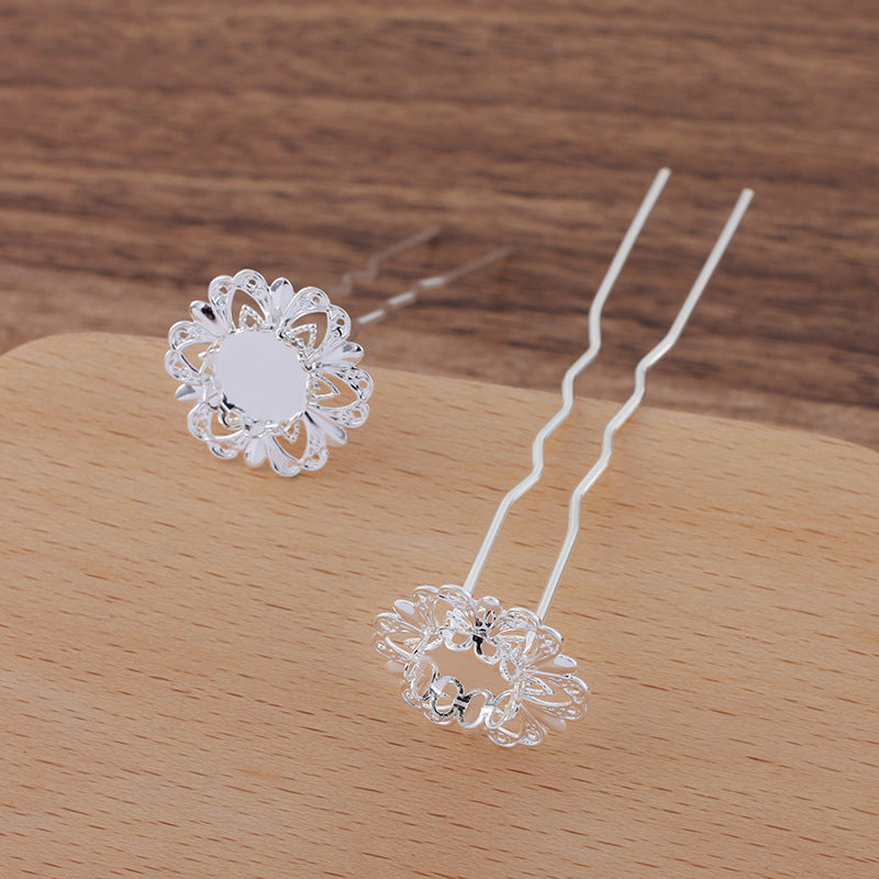 10 Scallop Edge Bezel Cup Filigree Floral Charm Hair Fork Hairpin 18KGP 10mm Round Cabochon Blank Base Gemstone Piece Setting