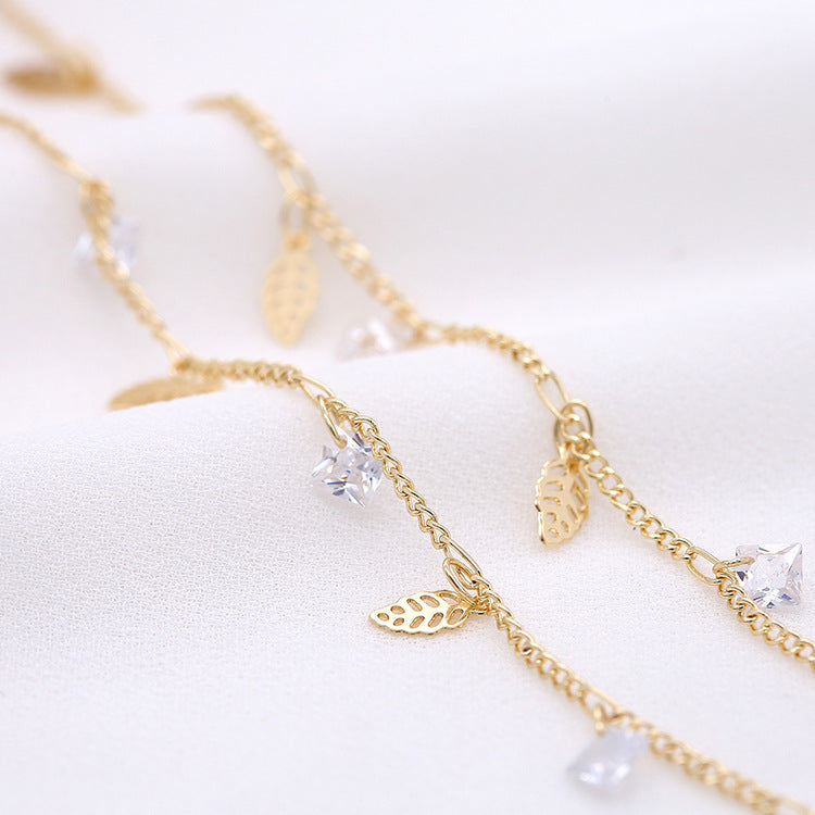 Chaîne de câble mince en forme de feuille et d'étoile en strass de 2 mètres, lien O incurvé, 14K GF