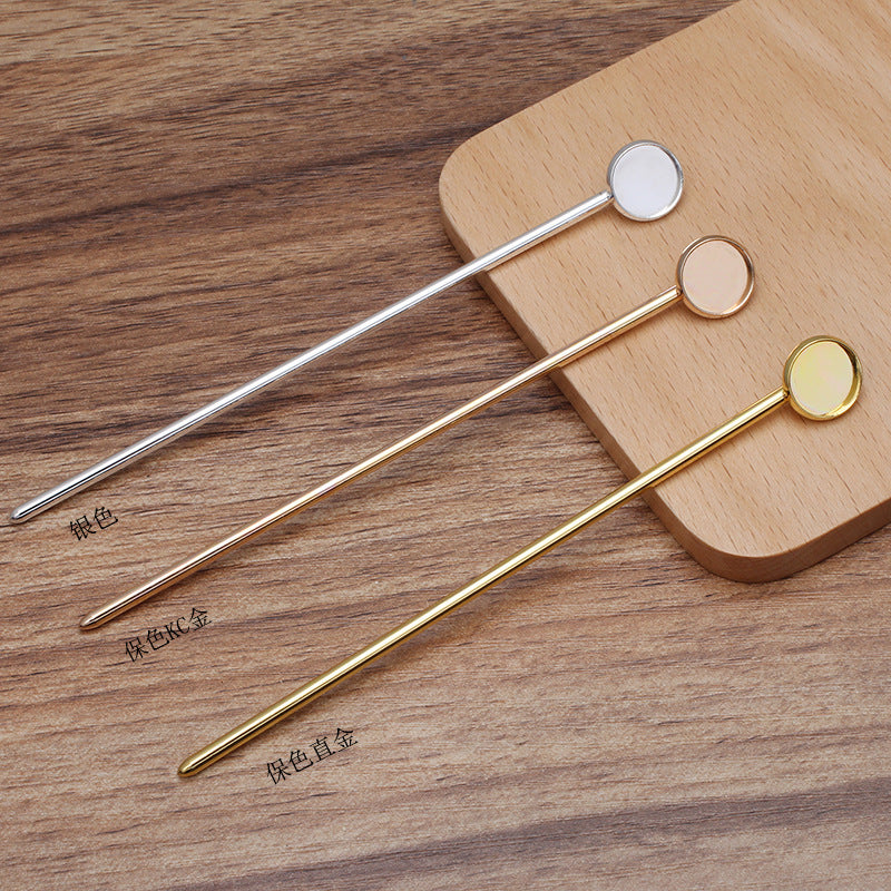 10 Plain Edge Bezel Cup Chinese Stick Hairpin 18KGP 12mm Round Cabochon Blank Base Gemstone Piece Setting