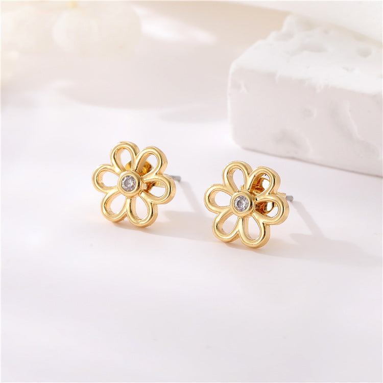4 boucles d'oreilles à tige en forme de cœur floral, ornées de strass GF 14 carats