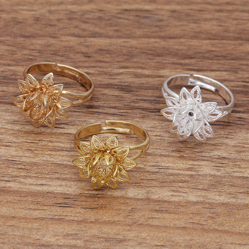 Bague circulaire ouvrante à breloque florale en filigrane, 200, 18KGP, 6mm, ronde, non poreuse, Base vierge, sertissage de pierres précieuses