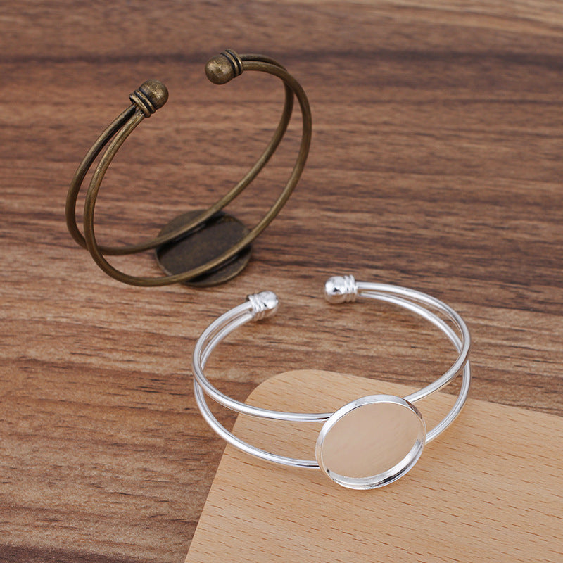 Bracelet à cercle ouvert à deux rangées de 5 bords unis, 18KGP, cabochon rond de 20mm, Base vierge, sertissage de pièces de pierres précieuses