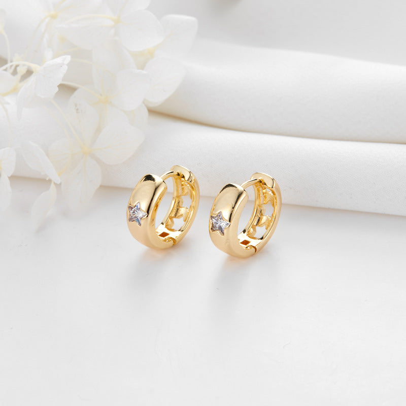 4 hohle Kabelketten-Rechteckkrallen-Stern-Creolen mit Strassverzierung aus 14-Karat-GF-Ohrring