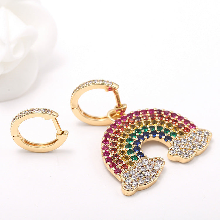 4 boucles d'oreilles créoles unies pendentif à breloque arc-en-ciel orné de strass 14K GF boucle d'oreille