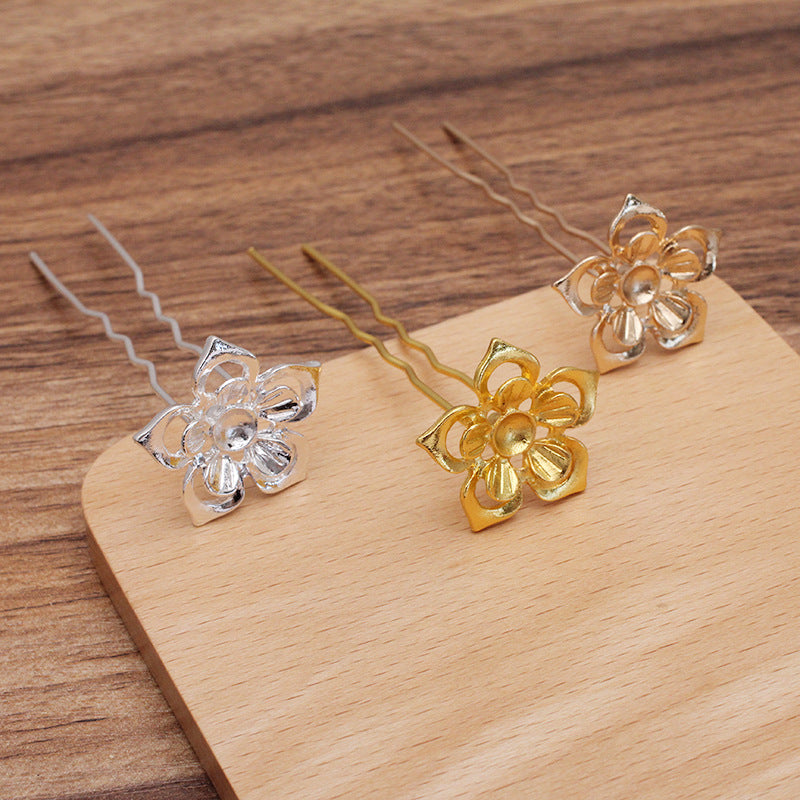 20 Haargabel-Haarnadeln mit Blumen-Charm, 18 kg, 10 mm, runde Perlen, blanko, Edelstein-Perlenfassung