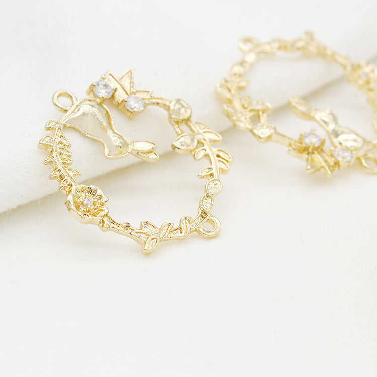 5 Double boucle Floral Rabbit Circle Charm Connecteur Strass Embelli 14K GF
