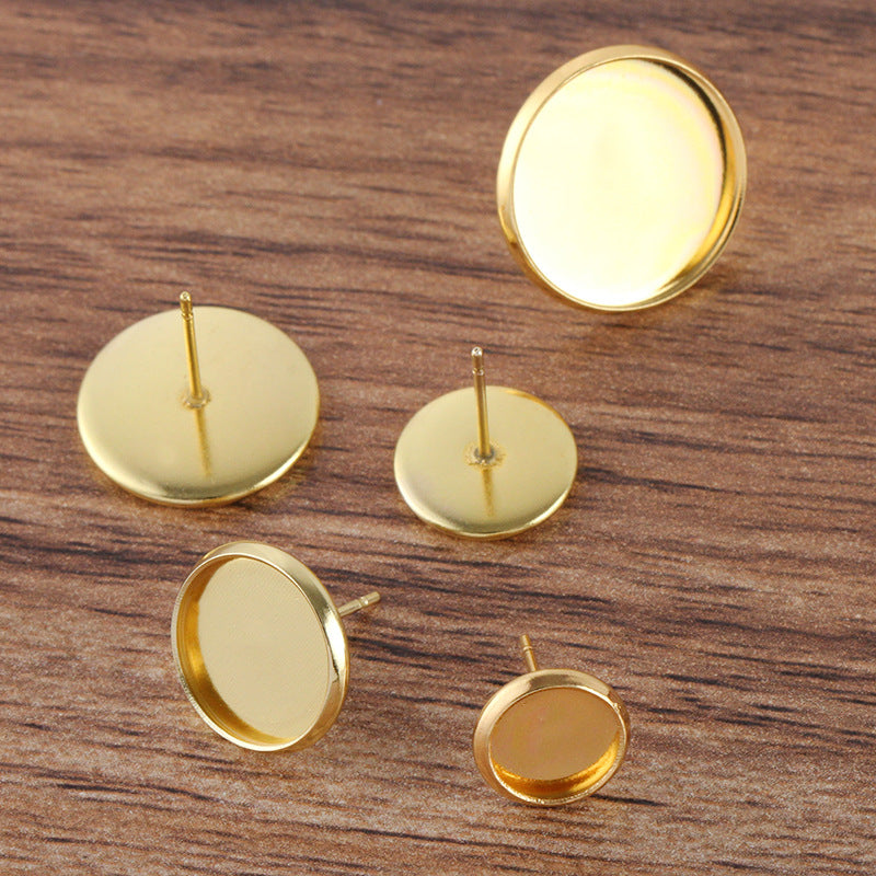 100 boucles d'oreilles à tige avec lunette à bord uni, 18KGP, 8mm, 10mm, 12mm, 14mm, 16mm, cabochon rond, Base vierge, réglage de pièces de pierres précieuses