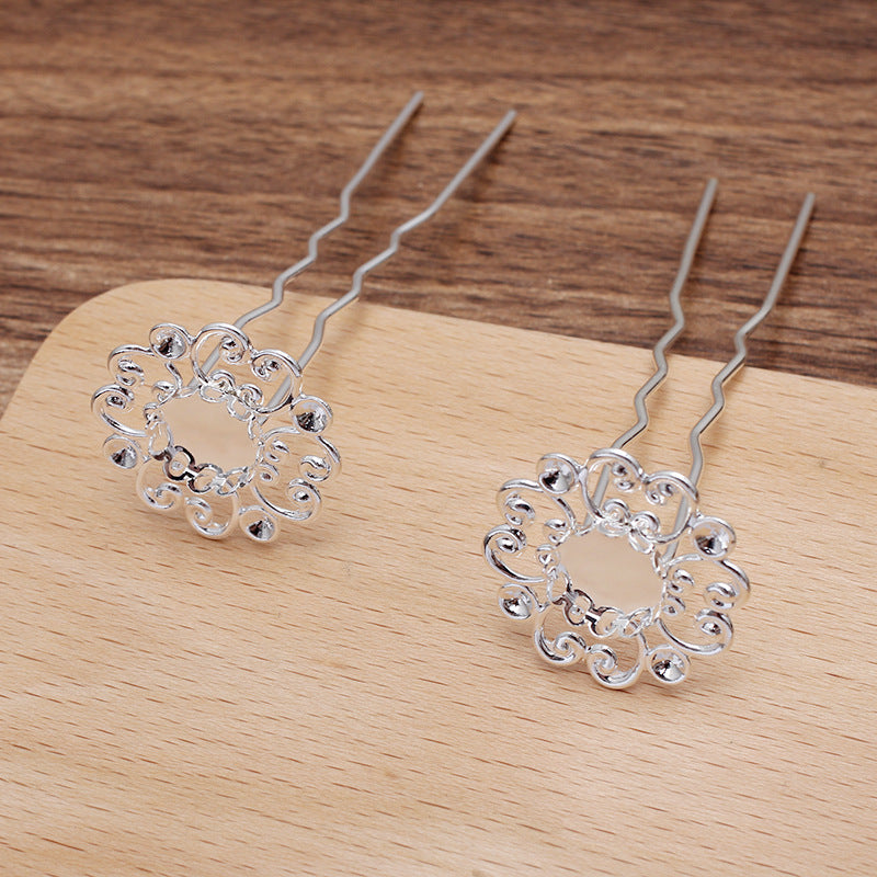 10 Scallop Edge Bezel Cup Filigree Floral Charm Hair Fork Hairpin 18KGP 10mm Round Cabochon Blank Base Gemstone Piece Setting
