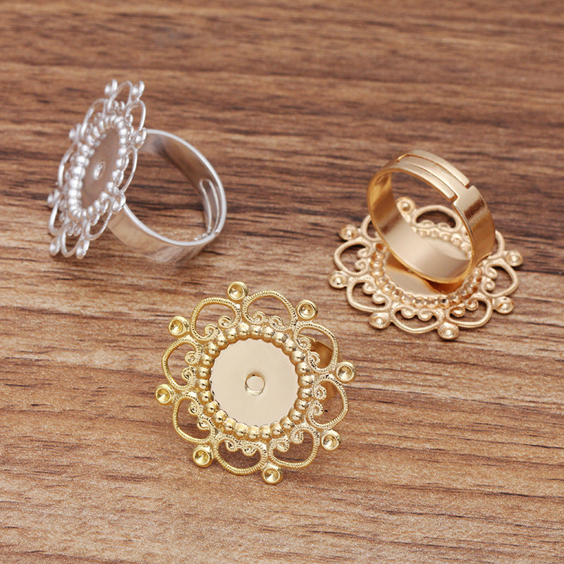 100 bague circulaire ouvrable à breloque florale en filigrane plat 18KGP 12mm cabochon base vierge sertissage de pierres précieuses