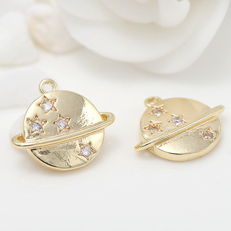 10 Saturn Planet Charm Pendentif Émail Epoxy 14K GF Strass Embelli