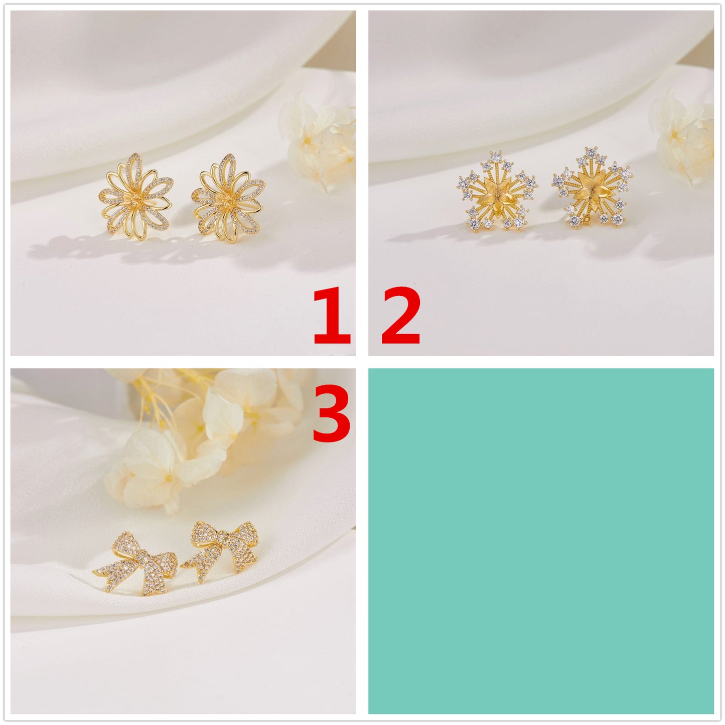 4 Ohrstecker mit floraler Schleife, Strassverzierung, 14K GF-Ohrring, halbgebohrte Perle, Rohling