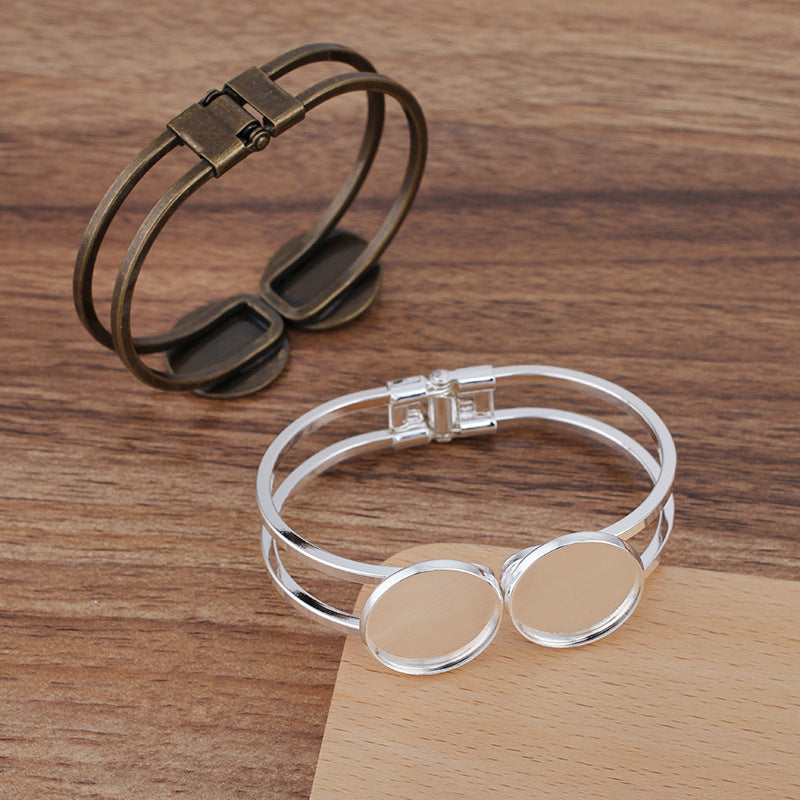 Bracelet circulaire ouvrable à deux rangées de 5 bords unis, 18KGP, Double cabochon rond de 20mm, Base vierge, réglage des pièces de pierres précieuses